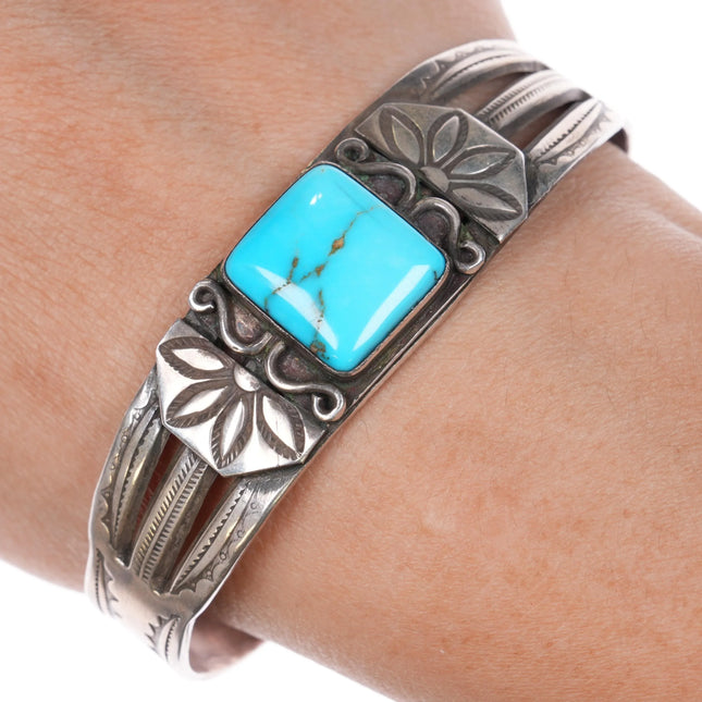 6.55" c1940's Navajo hand stamped cuff bracelet nice turquoise sterling silver - Estate Fresh Austin
