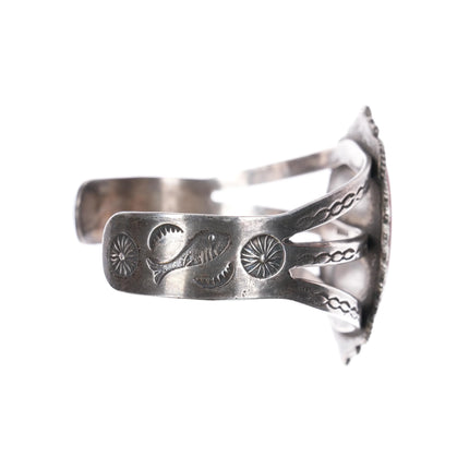 c1950 Navajo sterling silver petrified wood fish stampings cuff bracelet - Estate Fresh Austin