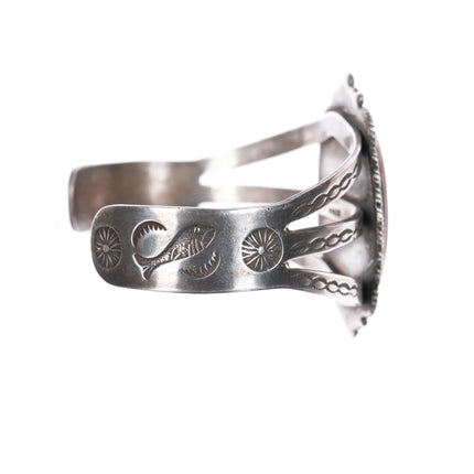 c1950 Navajo sterling silver petrified wood fish stampings cuff bracelet - Estate Fresh Austin