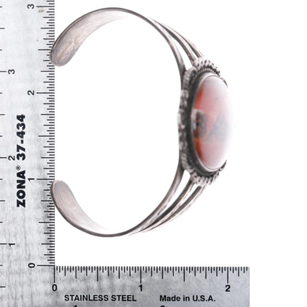 c1950 Navajo sterling silver petrified wood fish stampings cuff bracelet - Estate Fresh Austin