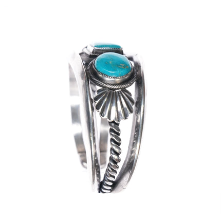 6.12" Harry Morgan Navajo Revival sterling silver 3 stone cuff bracelet Nice turquoise - Estate Fresh Austin