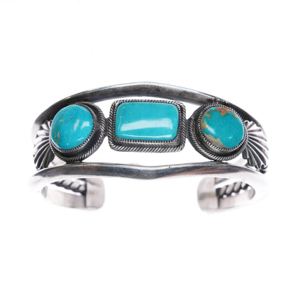 6.12" Harry Morgan Navajo Revival sterling silver 3 stone cuff bracelet Nice turquoise - Estate Fresh Austin