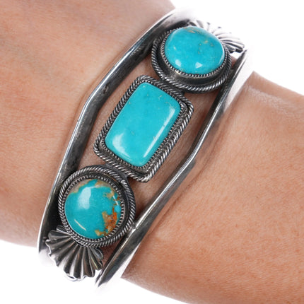 6.12" Harry Morgan Navajo Revival sterling silver 3 stone cuff bracelet Nice turquoise - Estate Fresh Austin