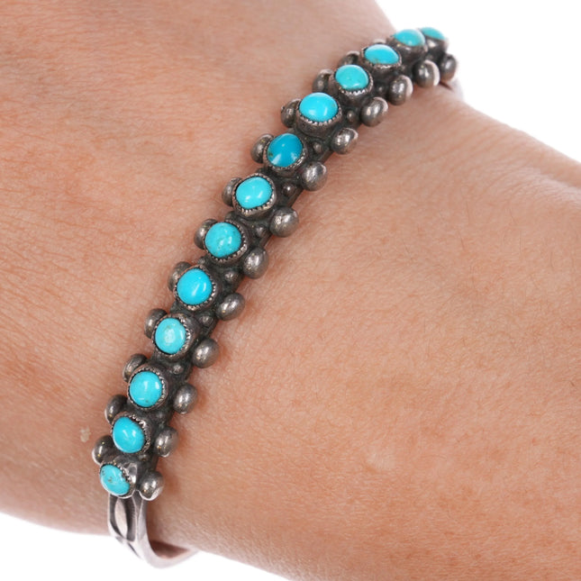 6.35" c1940 Zuni stamped sterling silver snake eye turquoise row cuff bracelet - Estate Fresh Austin