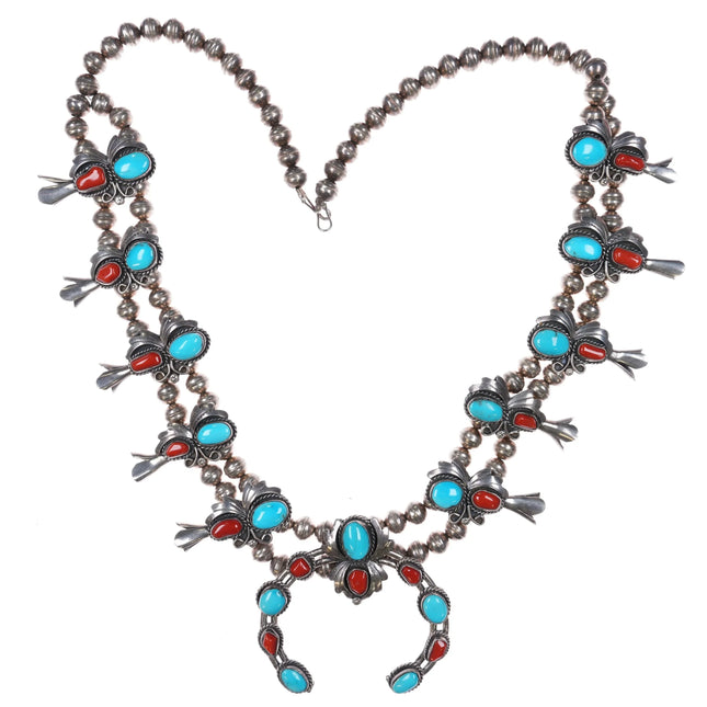 1970's Sterling silver Turquoise/Coral Navajo squash blossom necklace patriotic - Estate Fresh Austin