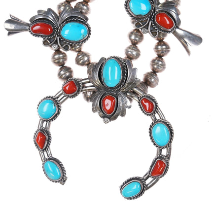 1970's Sterling silver Turquoise/Coral Navajo squash blossom necklace patriotic - Estate Fresh Austin