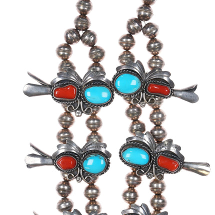 1970's Sterling silver Turquoise/Coral Navajo squash blossom necklace patriotic - Estate Fresh Austin
