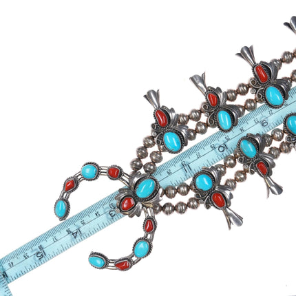 1970's Sterling silver Turquoise/Coral Navajo squash blossom necklace patriotic - Estate Fresh Austin