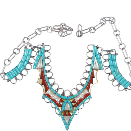 Carolyn Bobelu Zuni Sterling silver coral turquoise cobblestone inlay necklace - Estate Fresh Austin