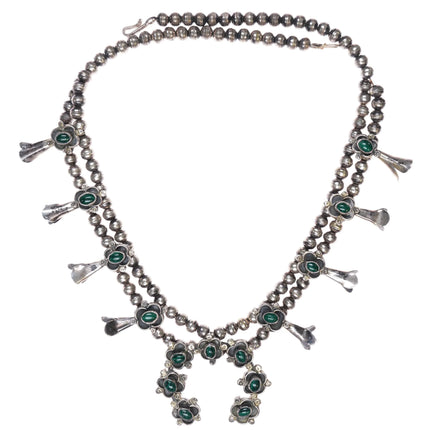 1970's Malachite smaller sterling silver Navajo squash blossom necklace - Estate Fresh Austin