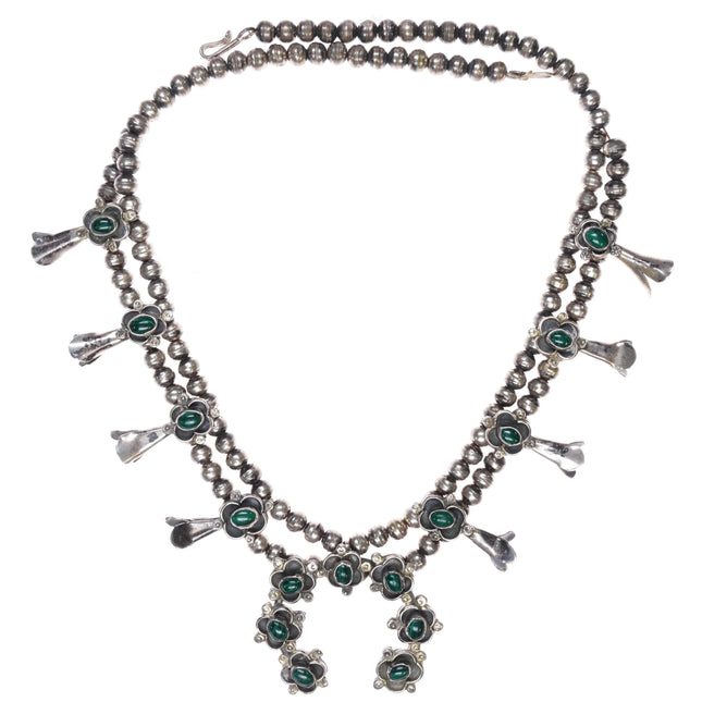 1970's Malachite smaller sterling silver Navajo squash blossom necklace - Estate Fresh Austin