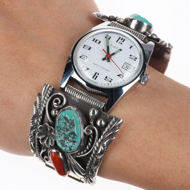 6.25" Vintage Navajo sterling silver/turquoise/coral watch tips on Timex windup - Estate Fresh Austin