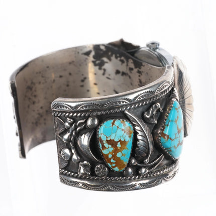 7" Vintage J Tso Navajo sterling silver #8 Turquoise watch cuff bracelet w/Timex - Estate Fresh Austin
