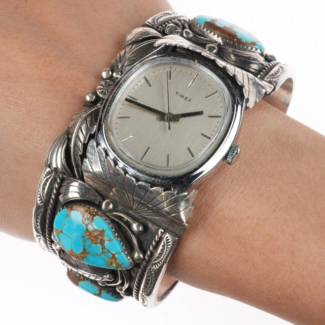 7" Vintage J Tso Navajo sterling silver #8 Turquoise watch cuff bracelet w/Timex - Estate Fresh Austin