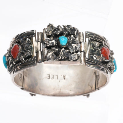 6" Angela Lee Navajo sterling silver, coral, turquoise flexible watch bracelet - Estate Fresh Austin