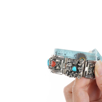 6" Angela Lee Navajo sterling silver, coral, turquoise flexible watch bracelet - Estate Fresh Austin