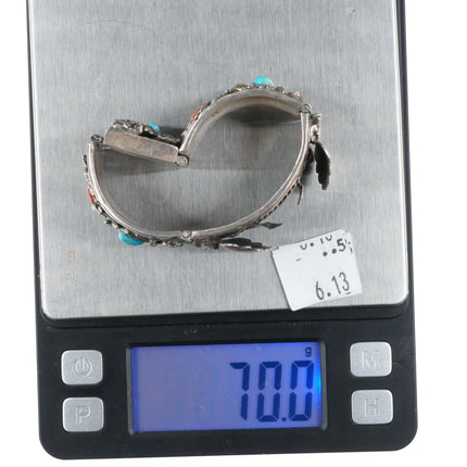 6" Angela Lee Navajo sterling silver, coral, turquoise flexible watch bracelet - Estate Fresh Austin