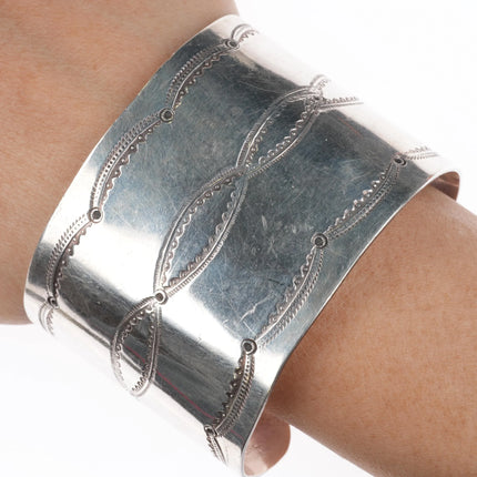 6.75" Vintage Navajo Hand stamped sterling silver wide band cuff bracelet - Estate Fresh Austin