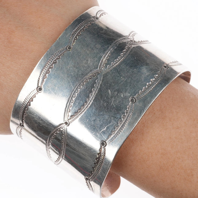6.75" Vintage Navajo Hand stamped sterling silver wide band cuff bracelet - Estate Fresh Austin