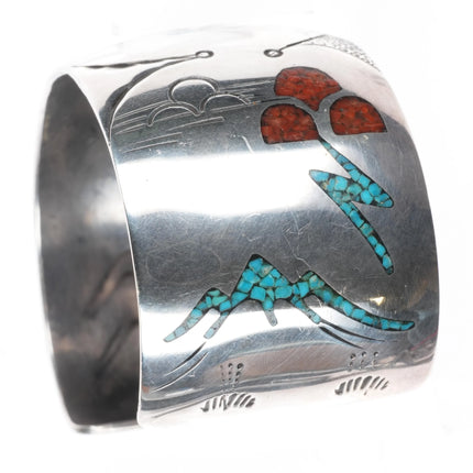 7.1" Tommy Singer Navajo sterling silver Chip inlay Kachina/Corn cuff bracelet - Estate Fresh Austin