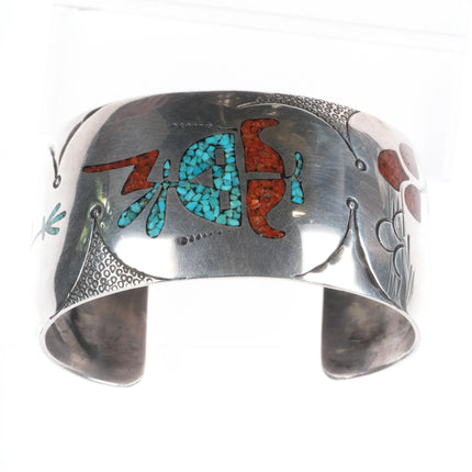 7.1" Tommy Singer Navajo sterling silver Chip inlay Kachina/Corn cuff bracelet - Estate Fresh Austin
