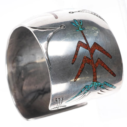 7.1" Tommy Singer Navajo sterling silver Chip inlay Kachina/Corn cuff bracelet - Estate Fresh Austin