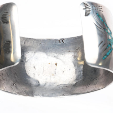 7.1" Tommy Singer Navajo sterling silver Chip inlay Kachina/Corn cuff bracelet - Estate Fresh Austin