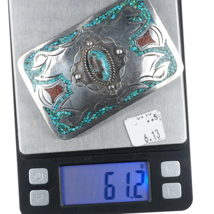 Vintage Navajo Sterling silver and turquoise chip inlay belt buckle - Estate Fresh Austin