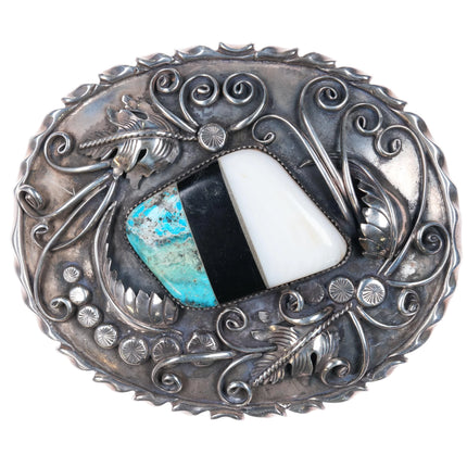 Huge JB 70's-80's Vintage Navajo sterling silver inlaid belt buckle turquoise - Estate Fresh Austin