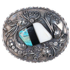 Huge JB 70's-80's Vintage Navajo sterling silver inlaid belt buckle turquoise - Estate Fresh Austin