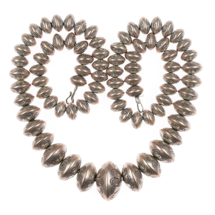 27" Leo Yazzie Navajo pearls necklace Hand stamped Sterling silver beaded - Estate Fresh Austin