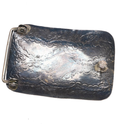 Vintage sterling silver mother of pearl Navajo hand stamped belt buckle - Estate Fresh Austin
