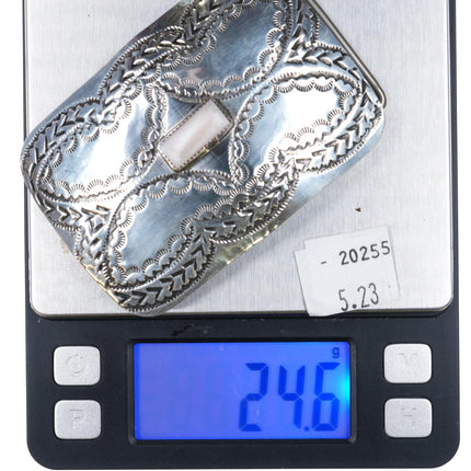 Vintage sterling silver mother of pearl Navajo hand stamped belt buckle - Estate Fresh Austin