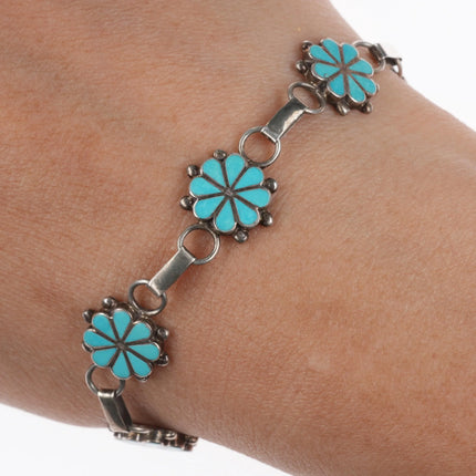 6.5" ECY Zuni sterling silver turquoise flush inlay link bracelet - Estate Fresh Austin