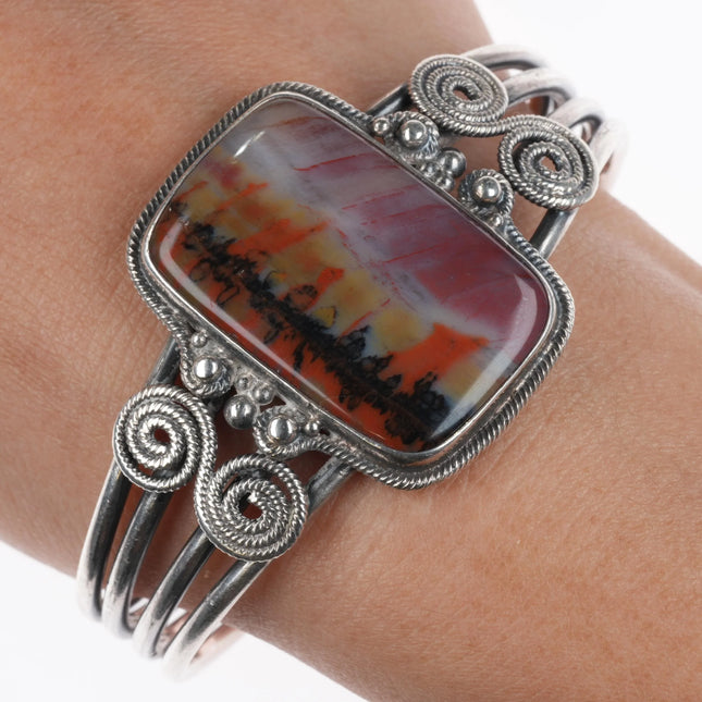 6.7" 30's-40's Navajo sterling silver petrified wood twisted wire cuff bracelet - Estate Fresh Austin