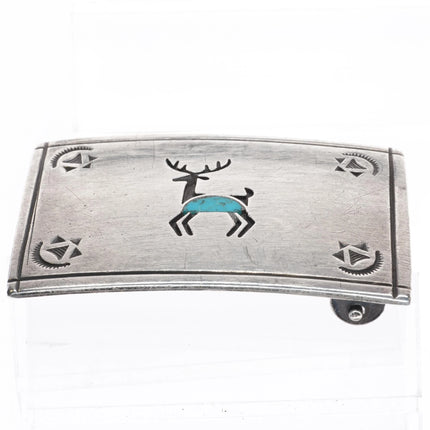 Vintage Navajo sterling silver deer turquoise inlaid belt buckle overlay style - Estate Fresh Austin