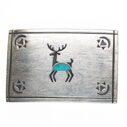 Vintage Navajo sterling silver deer turquoise inlaid belt buckle overlay style - Estate Fresh Austin