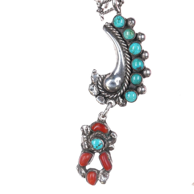 Vintage Zuni sterling silver snake eye turquoise/coral link pendant necklace - Estate Fresh Austin