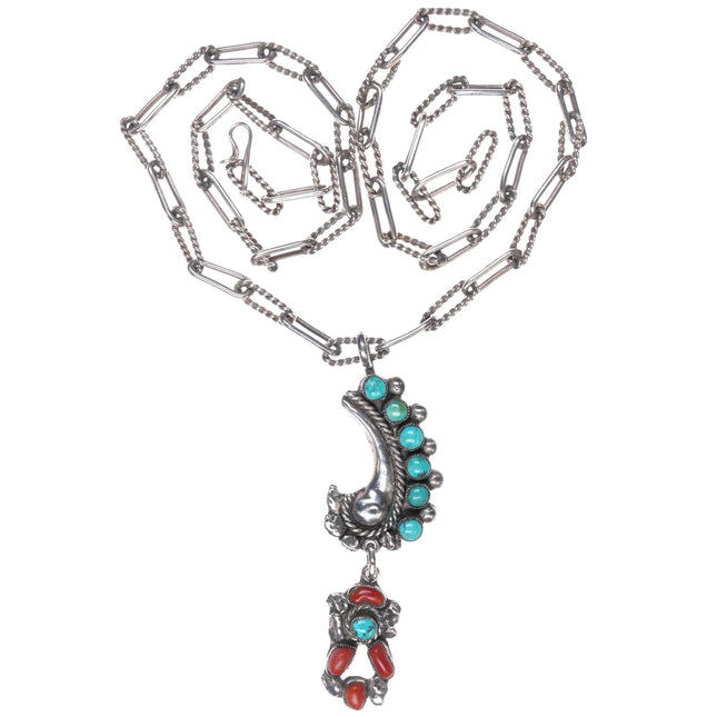 Vintage Zuni sterling silver snake eye turquoise/coral link pendant necklace - Estate Fresh Austin