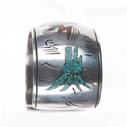 7" Navajo sterling silver Kachina/Yei chip inlay wide band cuff bracelet - Estate Fresh Austin