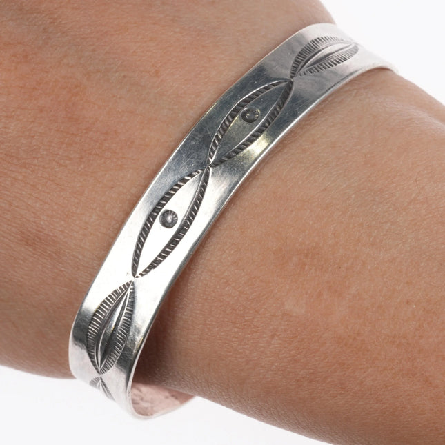 6.5" Vintage Navajo hand stamped sterling silver cuff bracelet slim stacker - Estate Fresh Austin