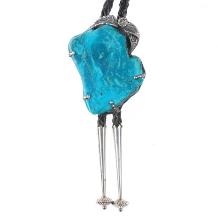 c1970's Large Vintage Navajo Sterling silver turquoise slab bolo tie - Estate Fresh Austin