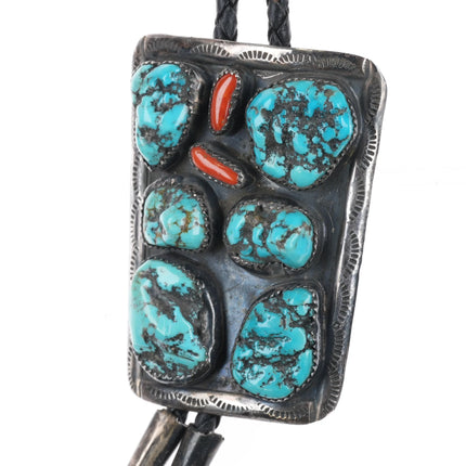 c1970 Large RS Sterling silver turquoise nugget cluster coral bolo tie - Estate Fresh Austin