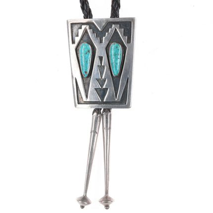 c1960 c-31 Navajo sterling silver waterweb turquoise overlay bolo tie geometric - Estate Fresh Austin