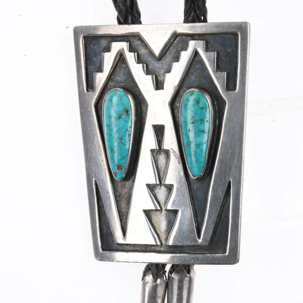 c1960 c-31 Navajo sterling silver waterweb turquoise overlay bolo tie geometric - Estate Fresh Austin