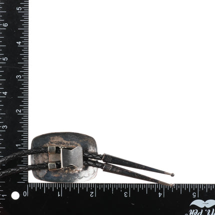 c1980 Navajo sterling silver concho style bolo tie with small turquoise stone - Estate Fresh Austin