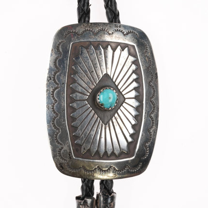 c1980 Navajo sterling silver concho style bolo tie with small turquoise stone - Estate Fresh Austin