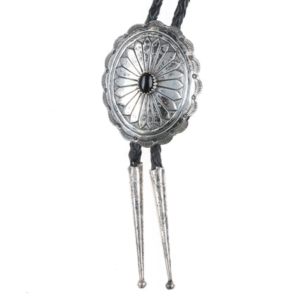 c1980's RB Navajo sterling silver concho bolo tie with onyx - Estate Fresh Austin