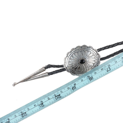 c1980's RB Navajo sterling silver concho bolo tie with onyx - Estate Fresh Austin