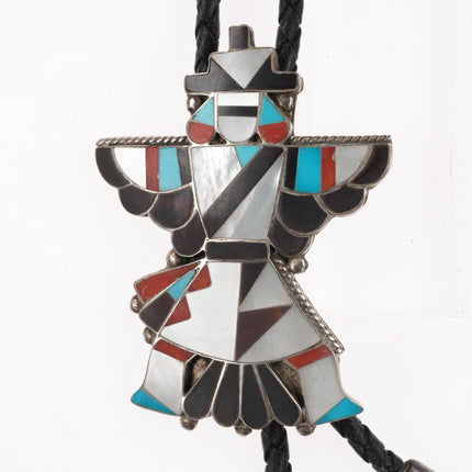 Anna Tekala Zuni sterling silver inlaid knifewing bolo tie turquoise/coral/shell - Estate Fresh Austin